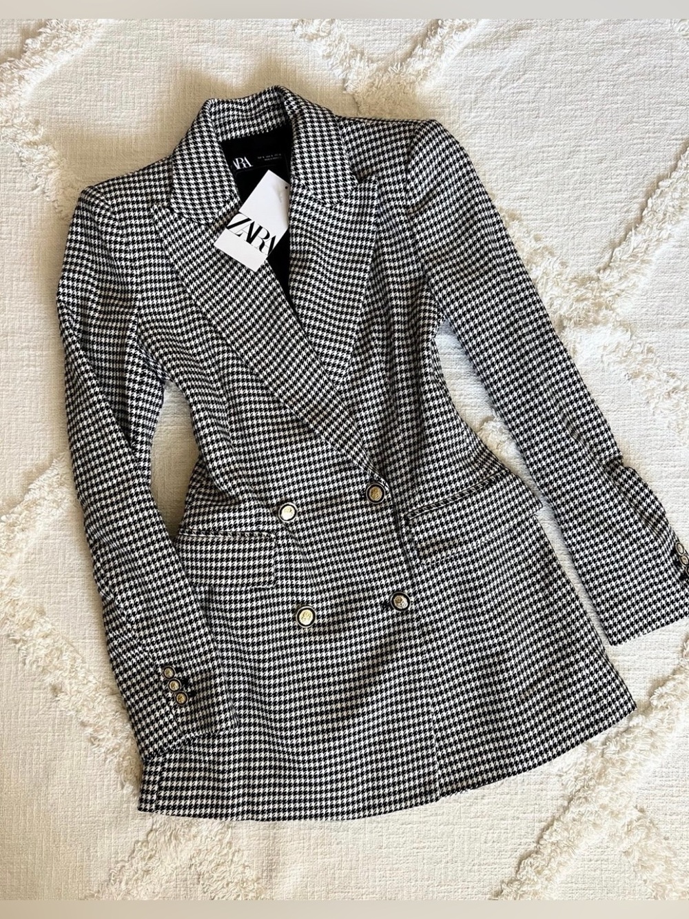 Zara Black & White Houndstooth Double-Breasted Blazer with Gold Buttons